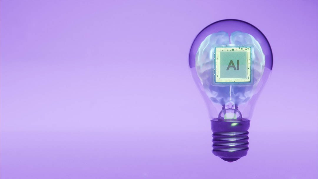 Conceptual render of artificial intelligence processor chip embedded in a white human brain inside a transparent light bulb, floating against blue purple gradient background with copy space